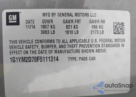 2015 Chevrolet Corvette Stingray Z51 из США, поврежденный, VIN 1G1YM2D78F5111314